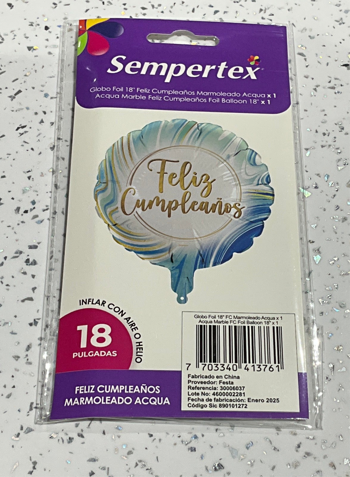 SEMPERTEX 18” FELIZ CUMPLEAÑOS MARMOLEADO AQUA