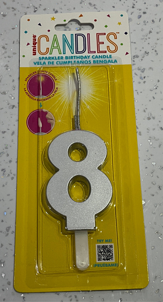 SPARKLER BIRTHDAY CANDLE #8 SILVER