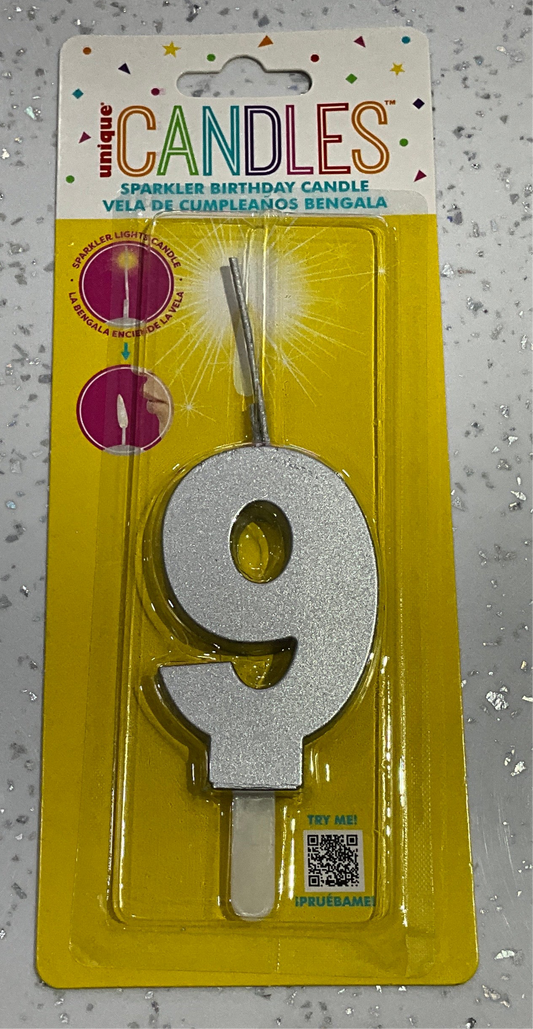 SPARKLER BIRTHDAY CANDLE #9 SILVER