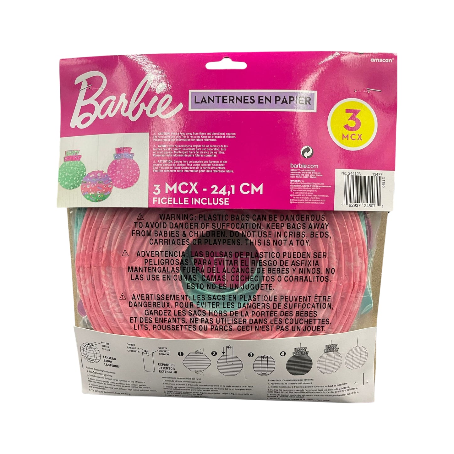 Lámparas de Papel de Barbie Dream, 3 Piezas, 9.5 in